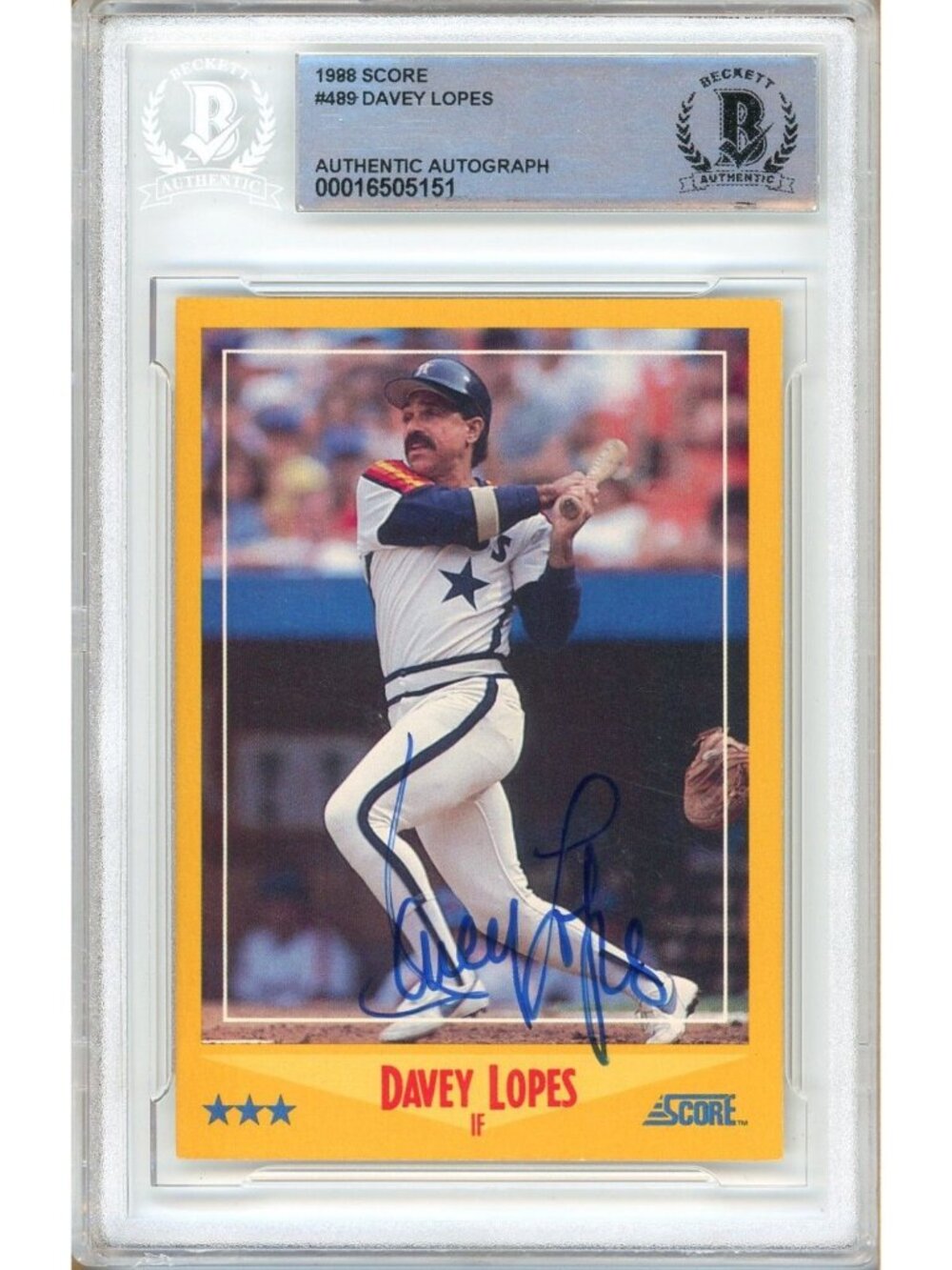 Davey Lopes Signed 1988 Score #489 Houston Astros Beckett BAS Slabbed Auto